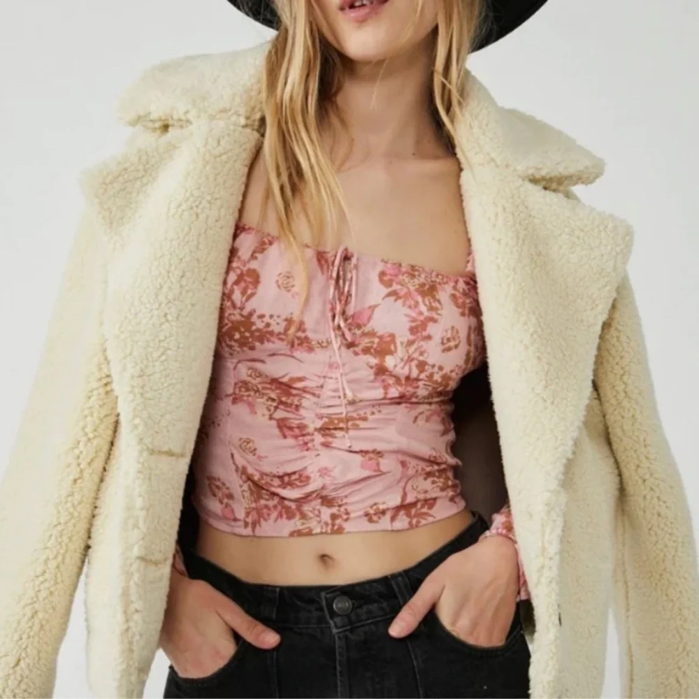 Free People Dusty Pink Floral Ruched Square-Neck Puff Sleeve Crop Top